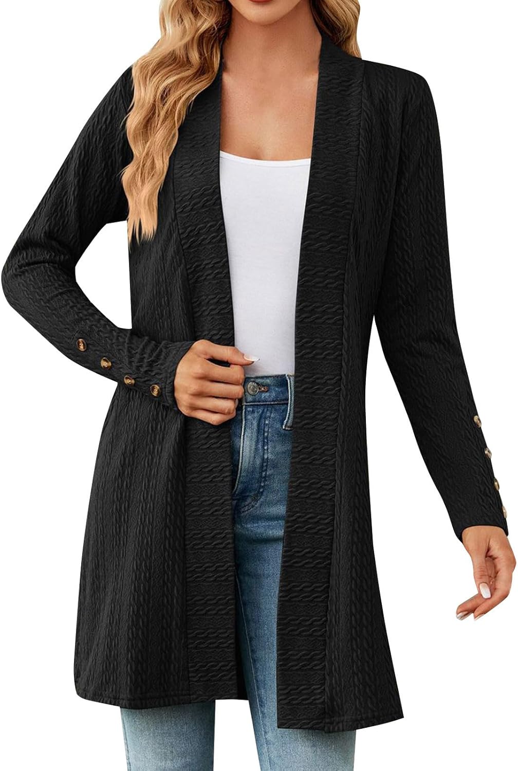 IQYU Black Cardigan Women's Long Knitted Cardigan Wool Cardigan